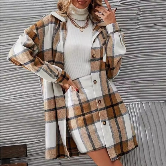 SET Plaid Button Up Long Sleeve Coat and Skirt - 2 Piece